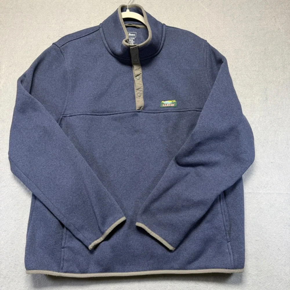 LL‎ Bean Mens XL Sweater Fleece Pullover Blue Snap Mock Neck 298050 Regular Fit